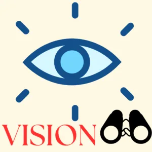 An educational graphic focused on future outlook featuring a large blue eye icon with surrounding rays, a pair of binoculars, and the red text "VISION" on a cream background. This visual captures the forward-thinking values of a premier admission consultancy for MBBS, B.Tech, BDS, BPT, B.Pharm, LLB, B.Ed, and many more graduation, post graduation, and diploma courses across India and abroad.