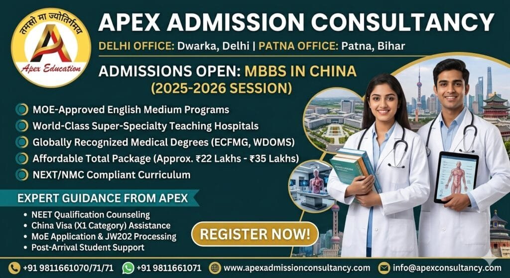 Official admission poster for MBBS in China 2025-2026 session by Apex Admission Consultancy with listed corporate branch addresses for Dwarka, Delhi, and Patna, Bihar. Features official phone numbers +91 9811661070/71/71, WhatsApp support at +91 9811661071, and website apexadmissionconsultancy.com.
